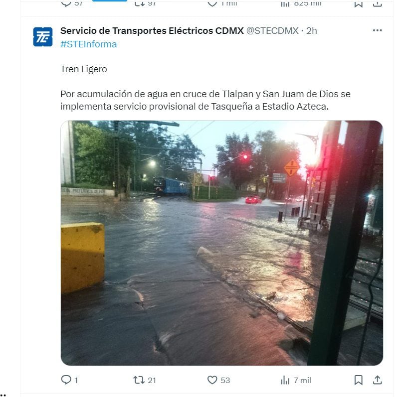 Suspenden servicio del Tren Ligero con dirección a Xochimilco por fuertes inundaciones (X/ @STECDMX)