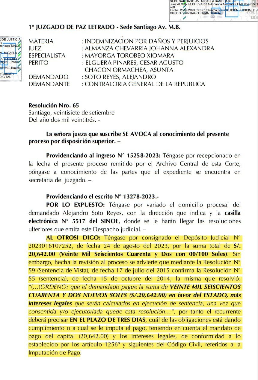 PJ ordena a Alejandro Soto a precisar qué deuda ha pagado. Foto: documento