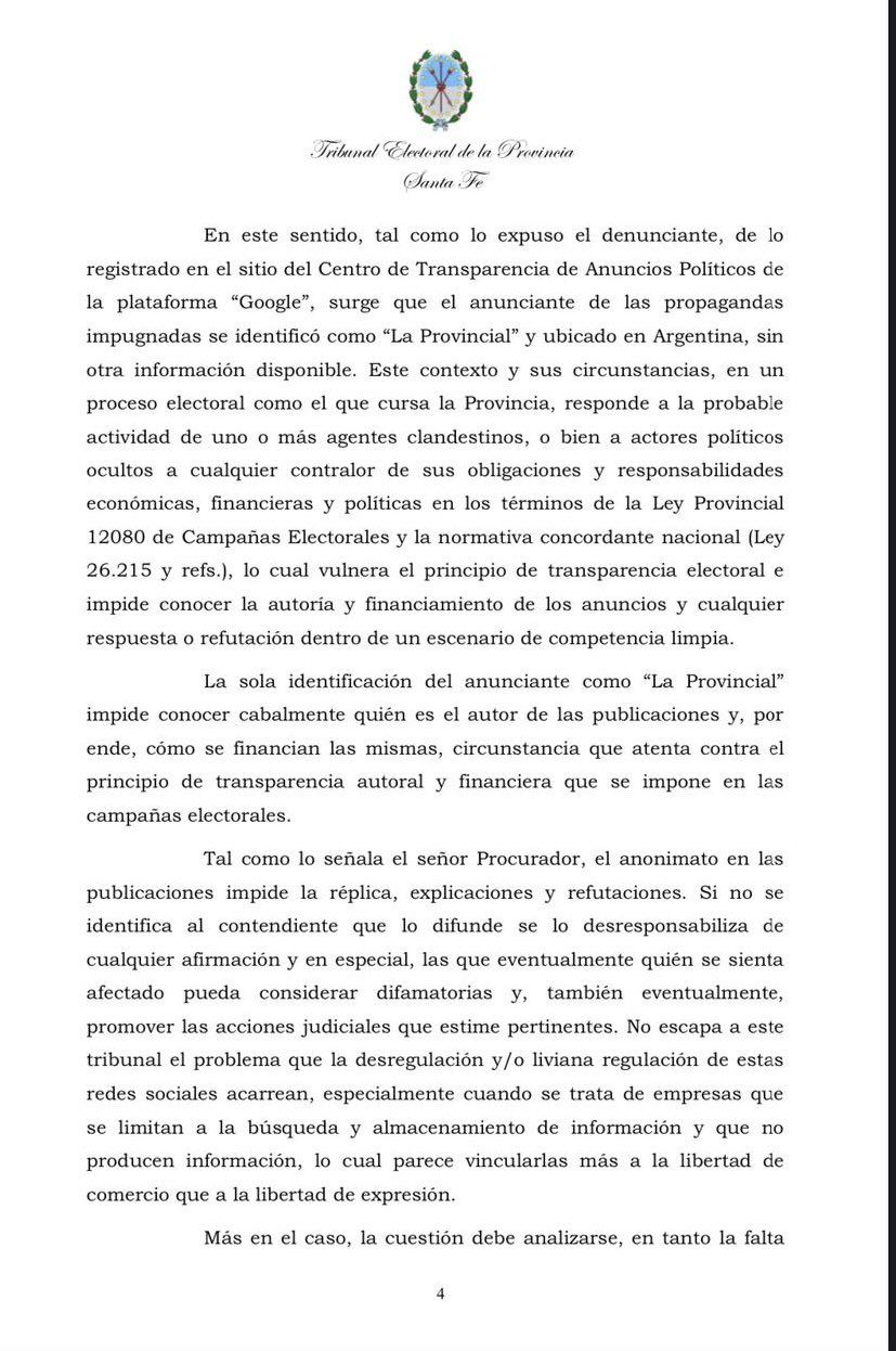 Parte de la resolución que presentó el Tribunal Electoral Provincial (Twitter @carolinalosada)