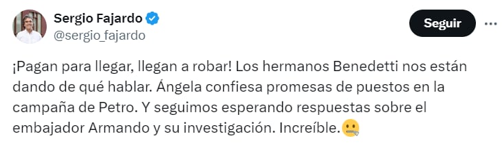 Sergio Fajardo aseguró que los hermanos Benedetti "pagaron" por llegar al Gobierno - crédito @sergio_fajardo/X