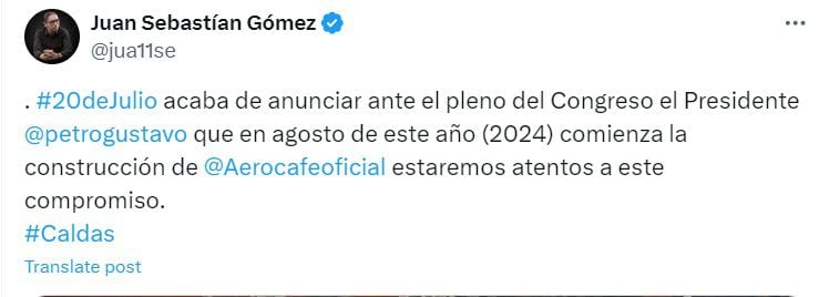 El representante indicó que estará vigilante del compromiso del presidente Petro - crédito @jua11se/X