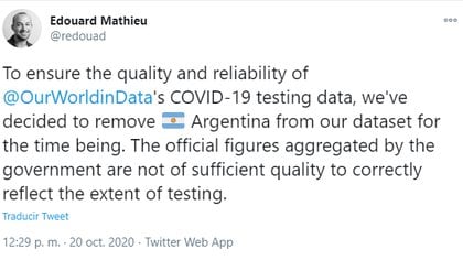 Un analista de datos en Our World in Data comunicó vía Twitter que Argentina dejará de formar parte de su mapa de testeos porque las cifras no tendrían la calidad suficiente