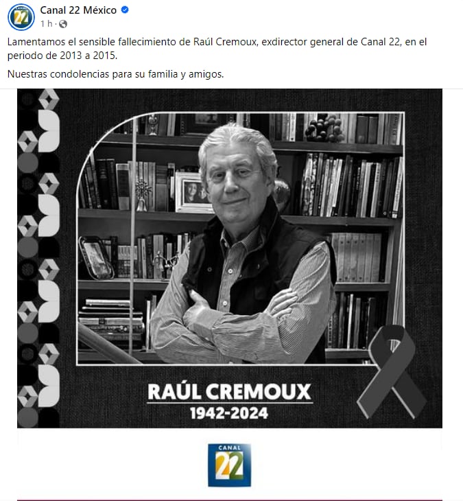 En redes sociales, se comparte la noticia del deceso del periodista Raúl Cremoux.
Crédito: Canal 22