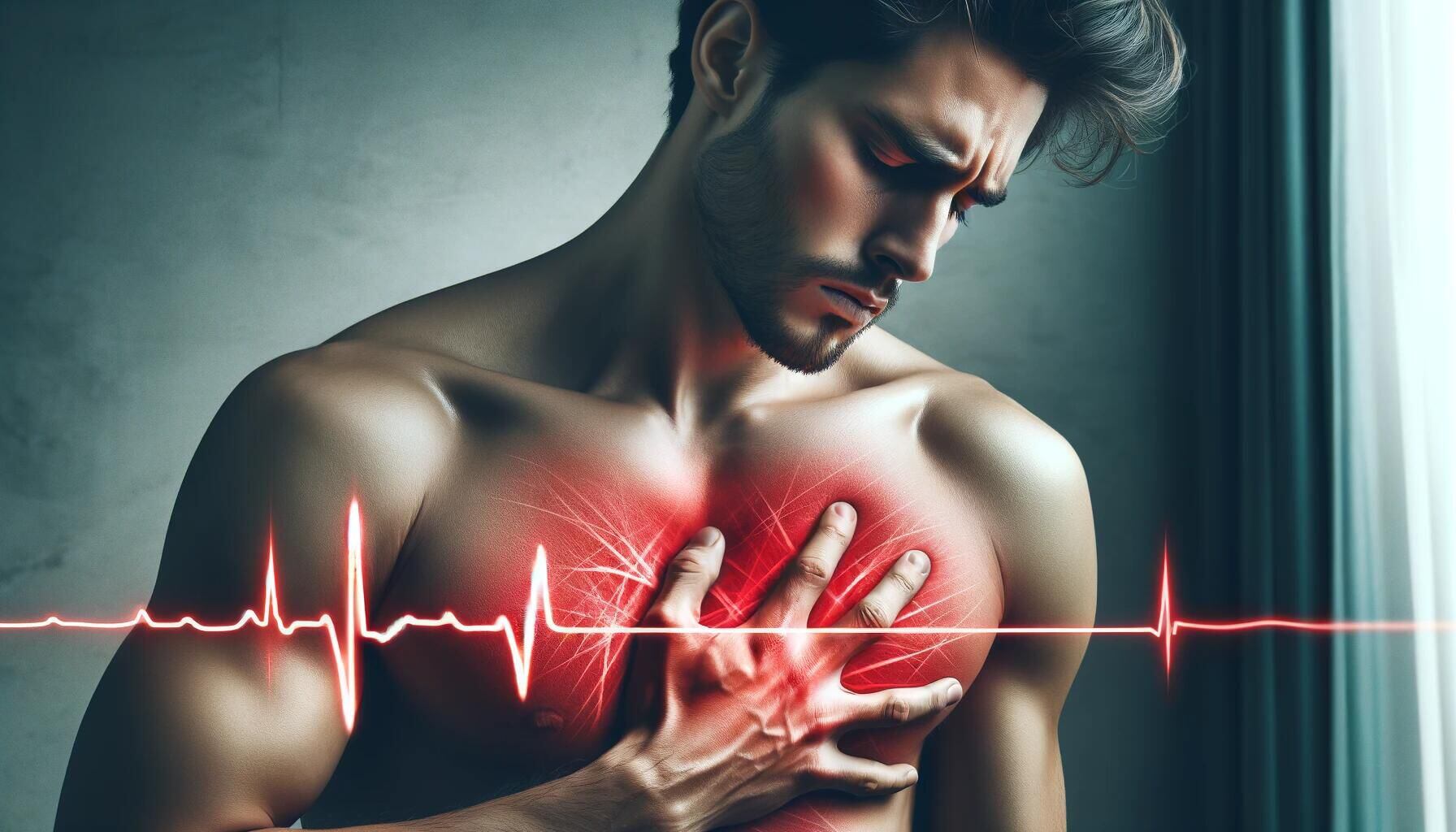 Imagen gráfica de una persona expresando dolor en el pecho, resaltado en rojo. Se visualiza una representación de electrocardiograma. Conciencia sobre riesgos cardíacos, cuidado del corazón y la importancia de la salud. (Imagen ilustrativa Infobae)