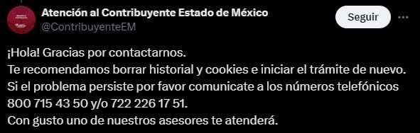 Las autoridades brindaron recomendaciones para resolver el error en el sitio web (X/@ContribuyenteEM)