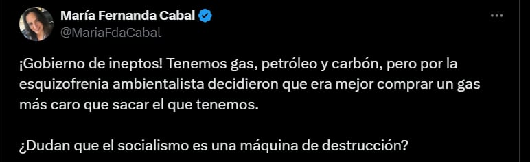 María Fernanda Cabal sobre el gas que se produce en Colombia - crédito @MariaFdaCabal/X