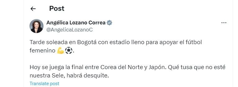 Angélica Lozano destaca la asistencia en el estadio El Campín para la final del mundial femenino sub-20 - crédito @AngelicaLozanoC