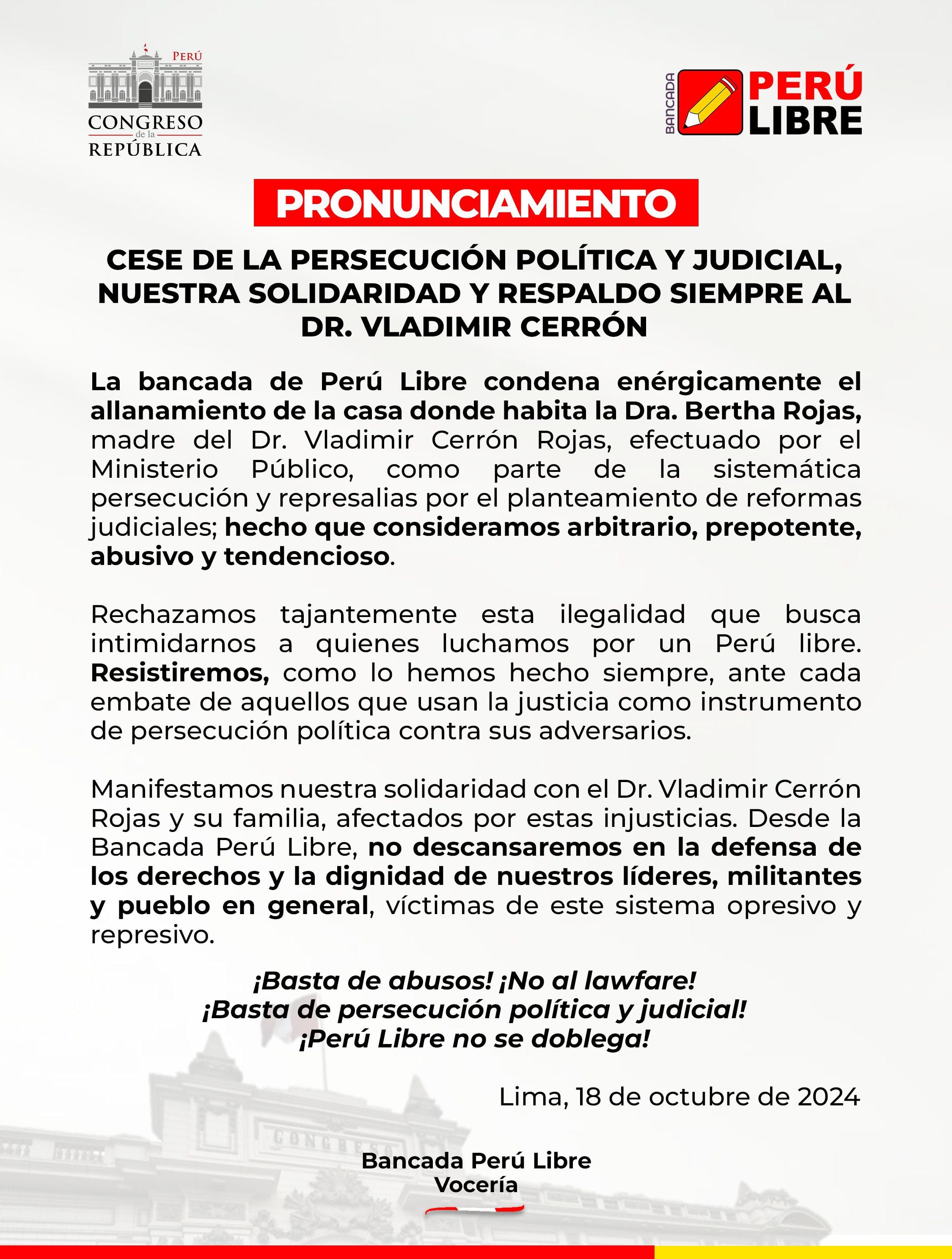 Perú Libre rechaza allanamiento en casa de la madre de Vladimir Cerrón. (Foto: X/@GP_PeruLibre)