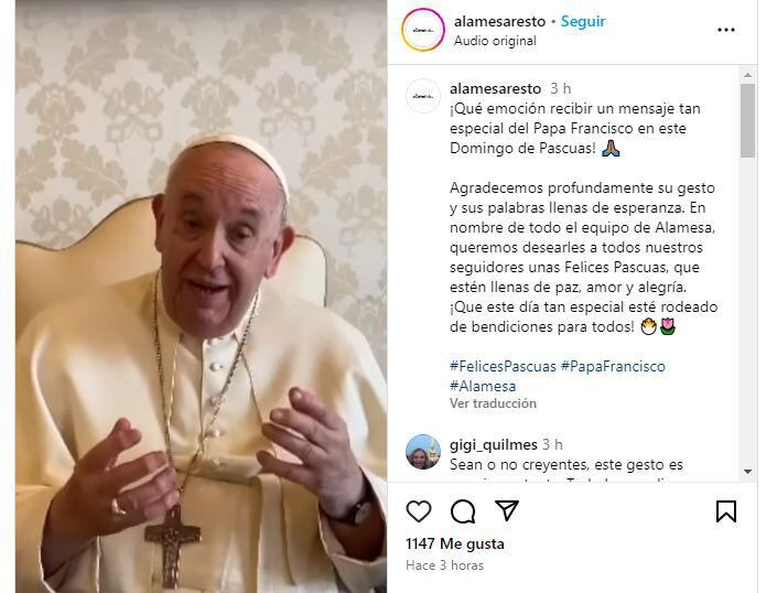 Mensaje del Papa al restaurante Alamesa