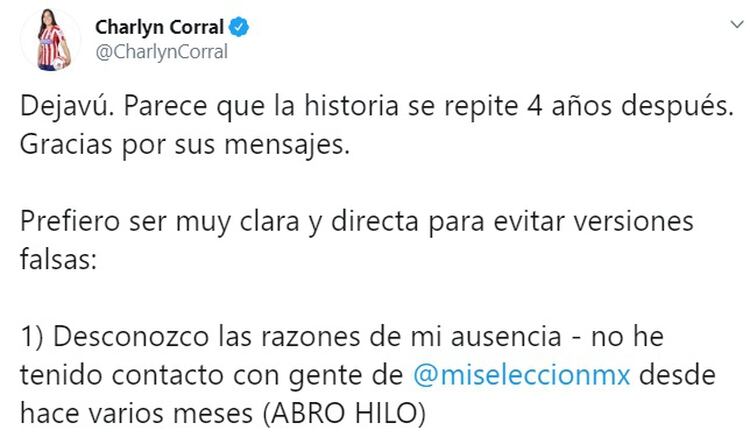 La jugadora mexicana no fue convocada por la Selección Nacional de México para disputar el torneo preolímpico rumbo a Tokio 2020 (Captura de Pantalla: Twitter @CharlynCorral)