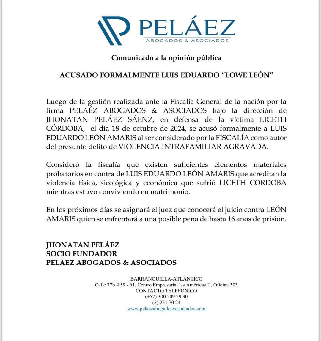 La defensa de la barranquillera asegura que el cantante se puede enfrentar a 16 años de prisión - crédito @pelaezabogados / Instagram