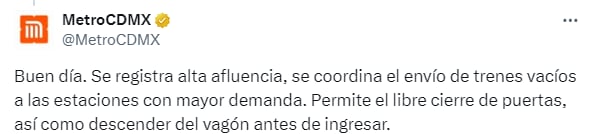 La cuenta oficial de X del Metro no ha informado sobre algún problema en la Línea 3.
Foto: TW Metro CDMX