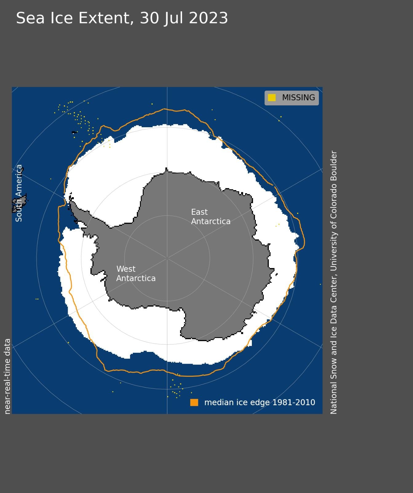 La línea amarilla, según el Centro Nacional de Datos de Hielo y Nieve (NSIDC es la sigla en inglés) de los Estados Unidos, indica el área que debería ocupar el hielo marino de la Antártida en julio de 2023/Archivo