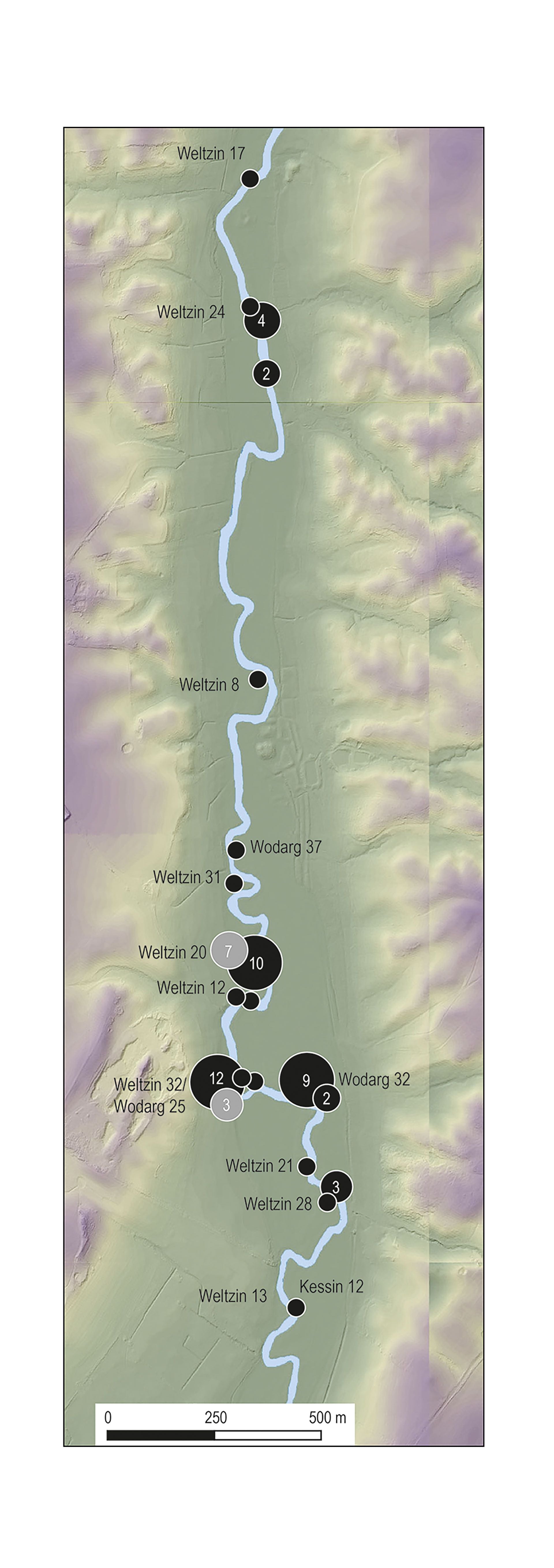 Distribución de puntas de flecha de la Edad del Bronce en el Valle del Tollense (símbolos negros: puntas de flecha de bronce; símbolos grises: puntas de flecha de sílex)