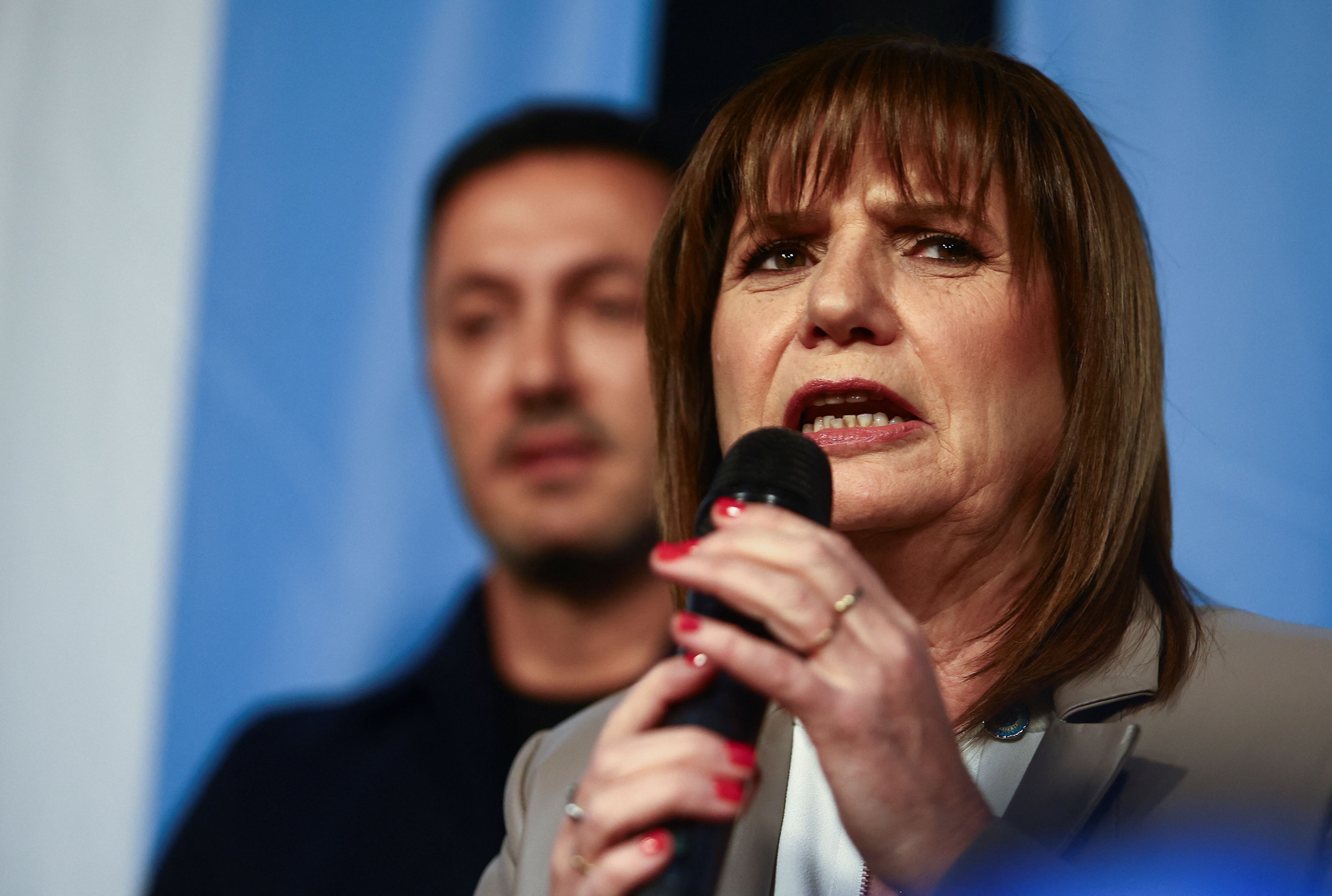 Argentine presidential pre-candidate Patricia Bullrich of Juntos por el Cambio alliance, speaks during the closing event of her electoral campaign ahead of the primaries, in Buenos Aires, Argentina, August 7, 2023. REUTERS/Matias Baglietto