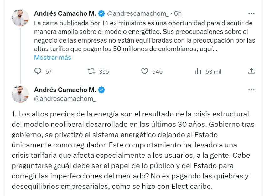 Publicación de Andrés Camacho Morales, ministro de Minas y Energía - crédito @AndresCamachoM_/X