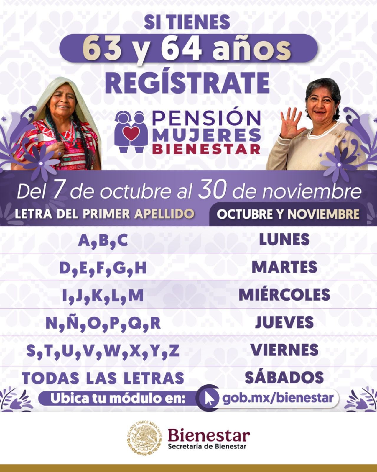 Este sábado 19 de octubre, todas las mujeres de 63 y 64 años pueden registrarse para recibir un apoyo económico de tres mil pesos bimestrales en los módulos del Bienestar, sin restricción por la inicial de su primer apellido.