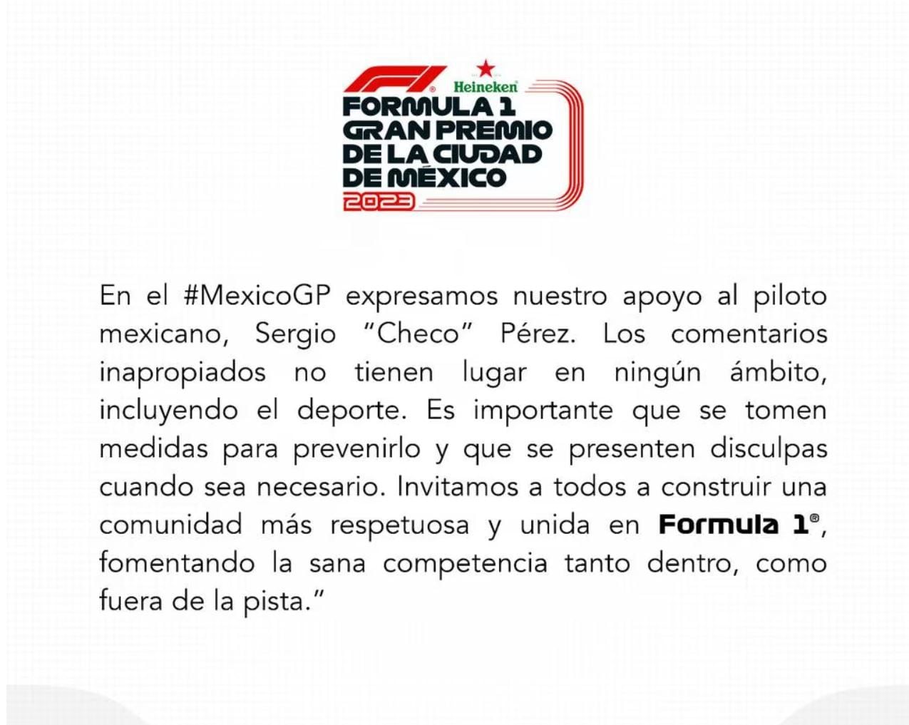 Comunicado de Gran Premio de México referente a los comentarios racistas de Helmut Marko sobre Checo Pérez.