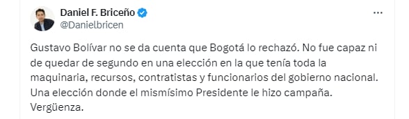 El concejal le recordó a Gustavo Bolívar que ocupó el tercer puesto en las elecciones a alcalde de Bogotá - crédito @Danielbricen/X