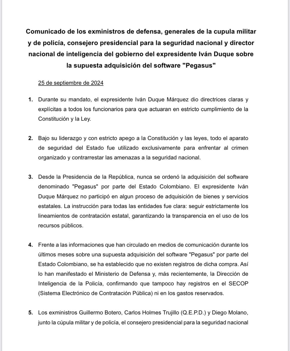 El expresidente Iván Duque publicó comunicado en el que aseguró que su gobierno no fue el responsable de la compra de Pegasus @IvanDuque/X