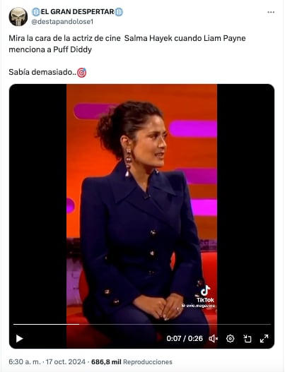 En el clip, se puede observar cómo Salma Hayek parece ponerse tensa, relame sus labios y cruza las manos. (The Graham Norton Show / YouTube)