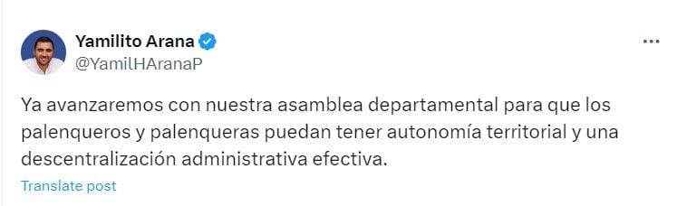 El gobernador instó a la Asamblea departamental para que emitan una ordenanza que confirme la inclusión del municipio - crédito @YamilHAranaP/X