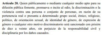 Artículo 20 de ley contra el odio Venezuela