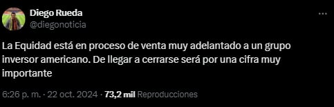 El periodista Diego Rueda confirma que el proceso de venta del equipo La Equidad está adelantado - crédito Diego Rueda/X