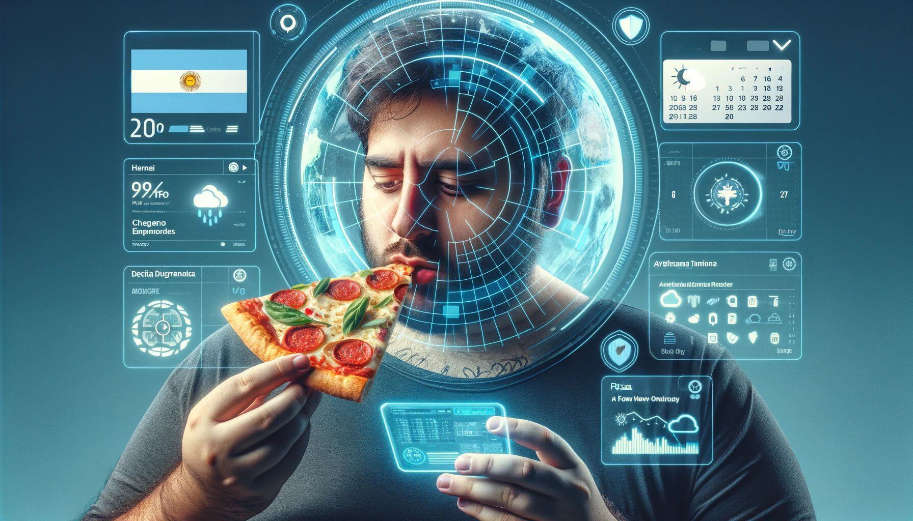 Un hombre holgazán come una porción de pizza mientras utiliza la IA - (Imagen Ilustrativa Infobae)