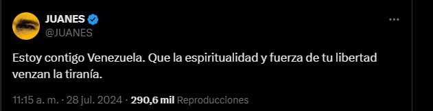 El cantante fue otra persona que se encargó de pronunciarse - crédito Juanes / X