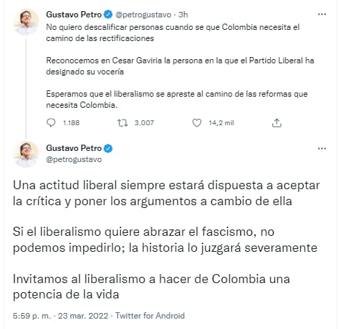 Dans le premier trio de Gustavo Petro, il reconnaît l'importance de César Gaviria au sein du Parti libéral, mais s'interroge sur ses approches possibles auprès de Federico Gutiérrez
PHOTO : via Twitter (@petrogustavo)