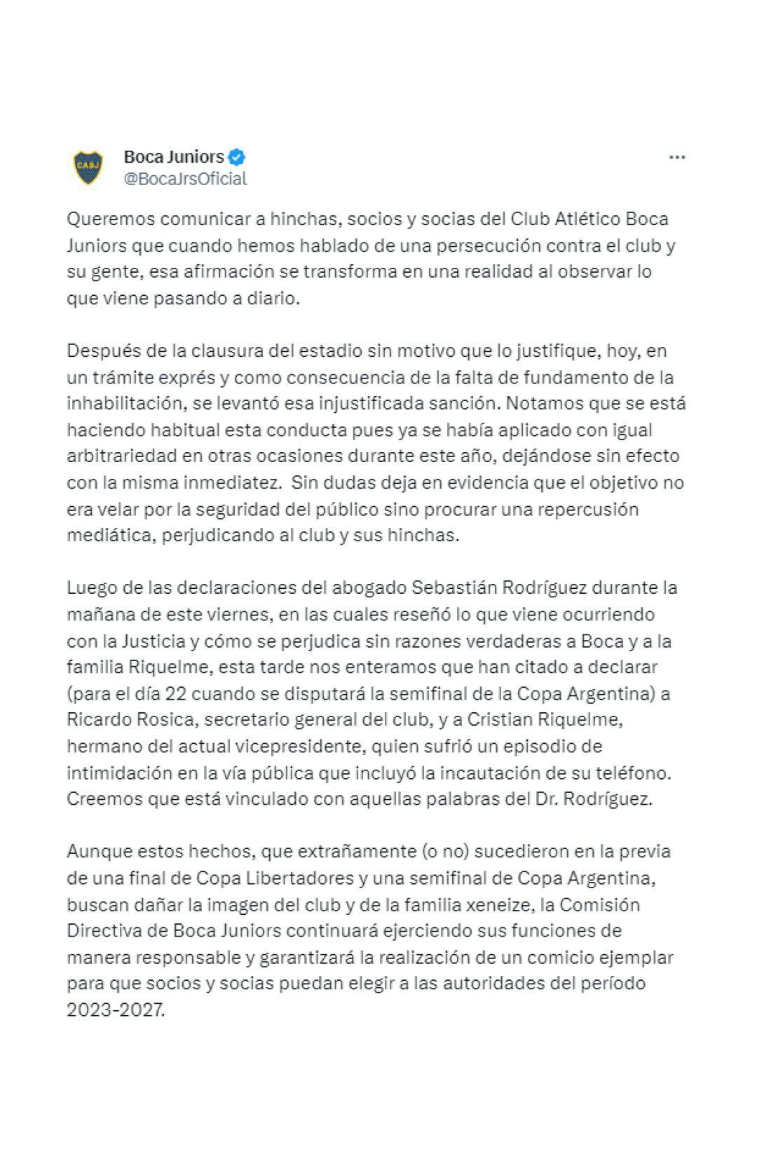 El comunicado de Boca Juniors  sobre la "persecución contra el Club"