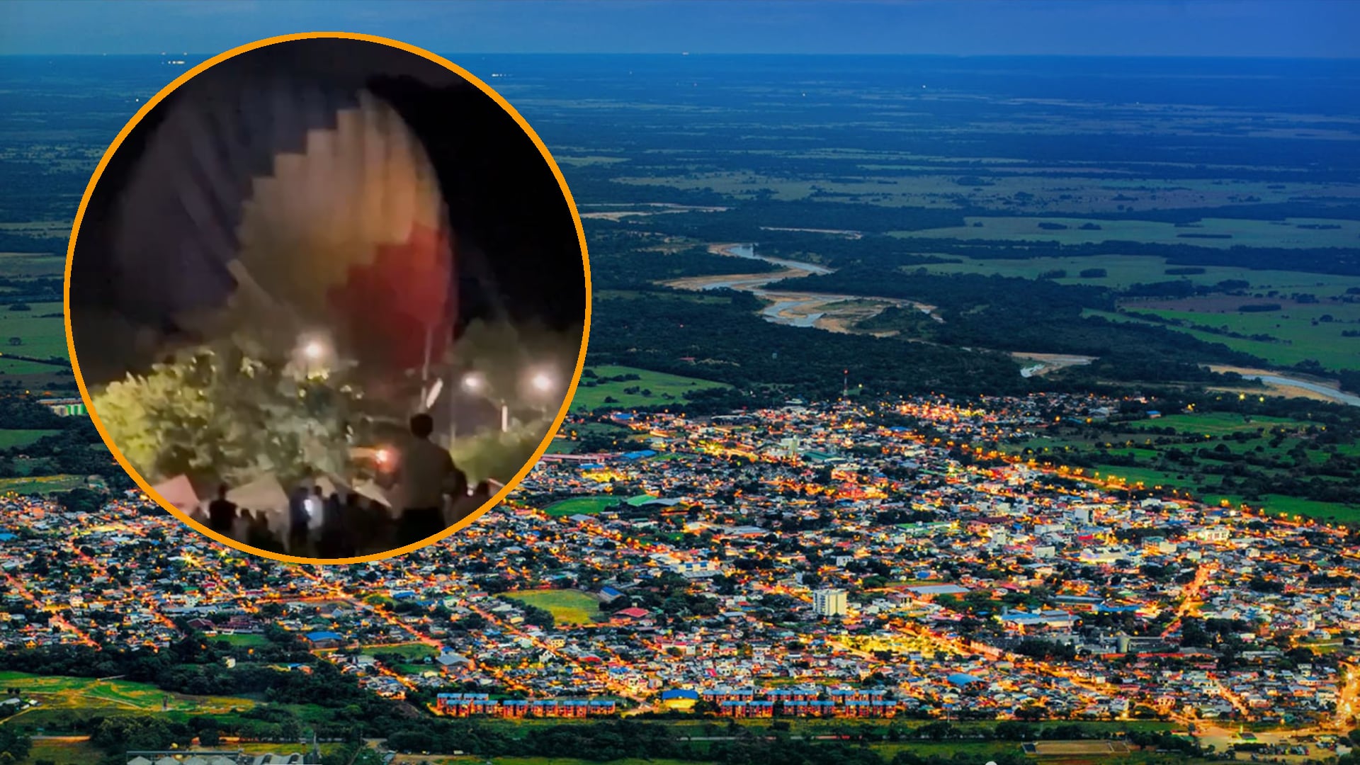 Por la fuerza de los fuertes vientos, se vivió una emergencia en Aguazul (Casanare) con un globo aerostático. (Crédito: Cuentas de Facebook de la alcaldía de Aguazul y Notipublique)