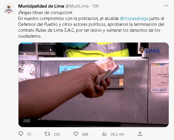 La comuna de Lima informó a la opinión pública que se dispuso el término del contrato con Rutas de Lima. (Captura Twitter Municipalidad de Lima)