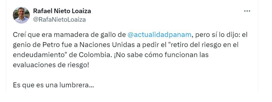 Rafael Nieto Loaiza, exviceministro de Justicia, se burló de Petro por pedir la eliminación del riesgo país - crédito @RafaelNietoLoaiza/X