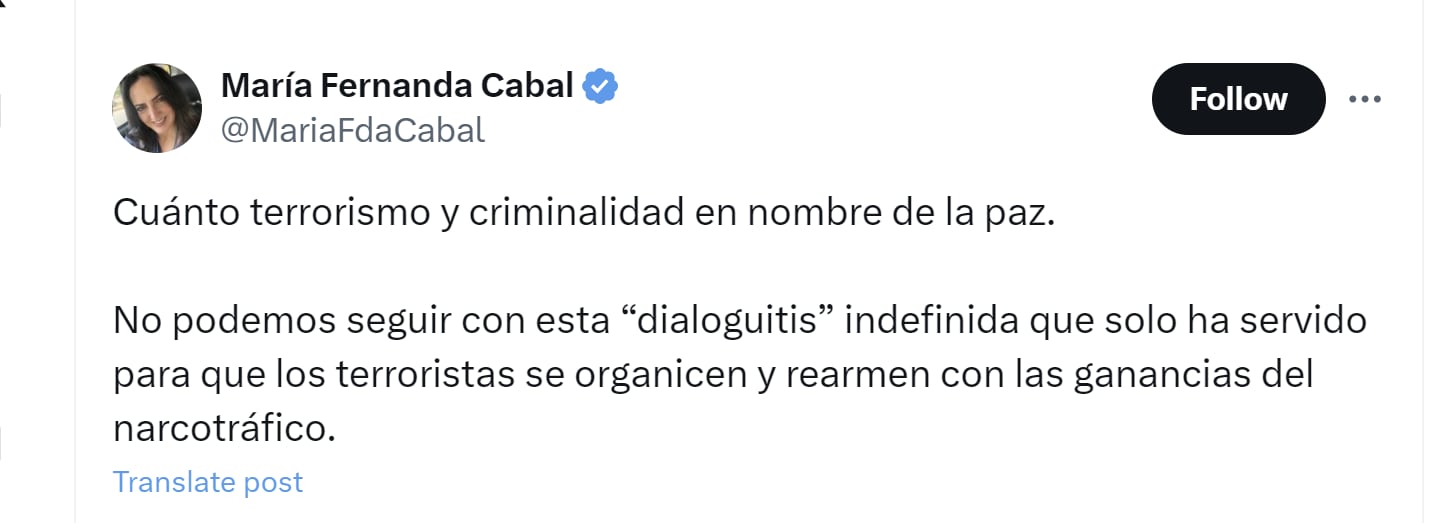 María Fernanda Cabal aseguró que las negociaciones de paz con grupos armados han servido para que se fortalezcan - crédito @MariaFdaCabal/X