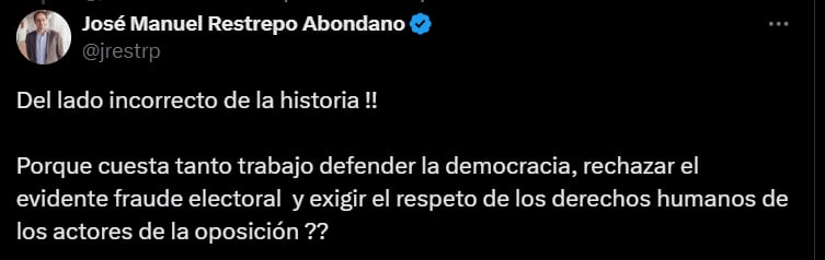 Crítica de José Manuel Restrepo por posición de Colombia y Brasil con la situación en Venezuela - crédito @jrestrp/X