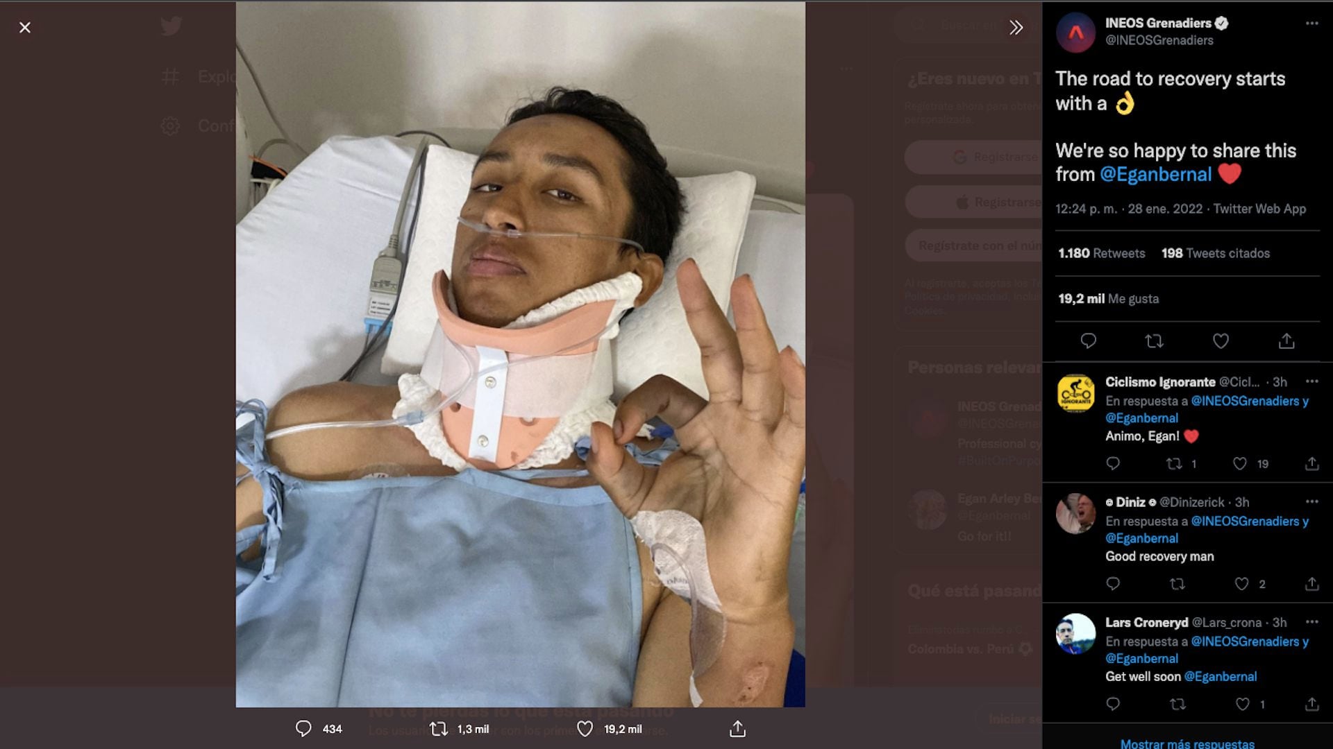 Ineos Grenadiers compartilhou o processo de recuperação do ciclista Egan Bernal na Clínica Sabana/ (Twitter: @INEOSGrenadiers)