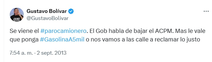 Así condenaba Gustavo Bolívar los incrementos del combustible - crédito X