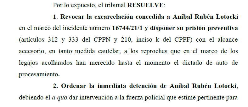 La resolución que ordenó el arresto de Lotocki