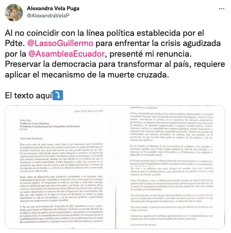 Alexandra Vela, ministre du gouvernement de l'Équateur, a démissionné en réponse au refus de Lasso d'appliquer la mort croisée