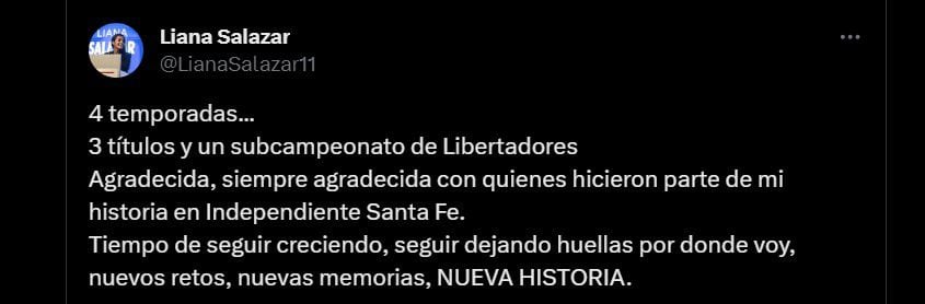 Este fue el mensaje de despedida de Liana Salazar con los aficionados de Santa Fe en 2023 - crédito @LianaSalazar11/X