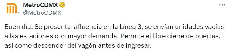 Estado en tiempo real de las diversas líneas del STC capitalino. (TW Metro CDMX)