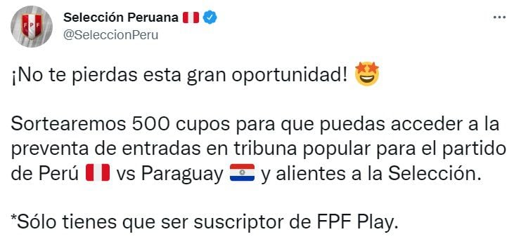 Publication by the FPF on the draw for tickets for Peruvian fans.