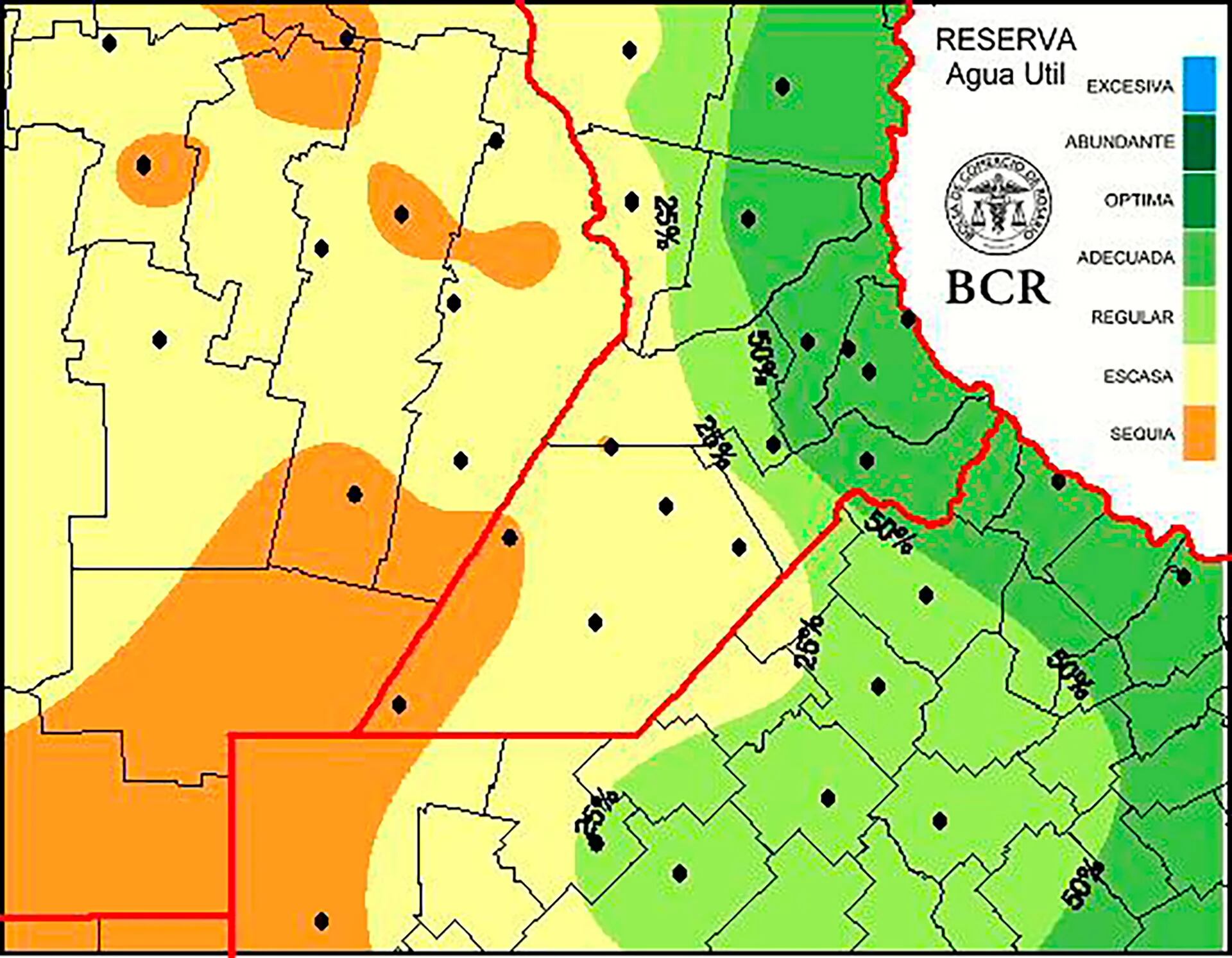 Los colores en el mapa indican la situación hídrica en distintas partes de la zona núcleo