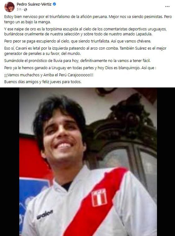 Pedro Suárez Vértiz dedica um cargo à seleção peruana. (Foto: Facebook)