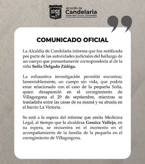 La menor de 12 años se encontró sin vida tras 19 días de desaparición en el Valle del Cauca - crédito alcaldiacandelariavalle/Instagram