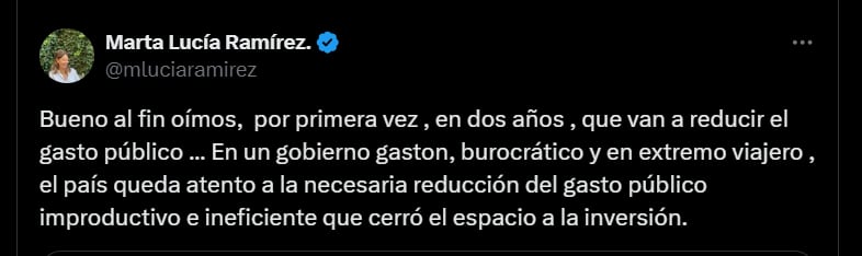 Crítica de Marta Lucía Ramírez al presidente Gustavo Petro - crédito @mluciaramirez/X