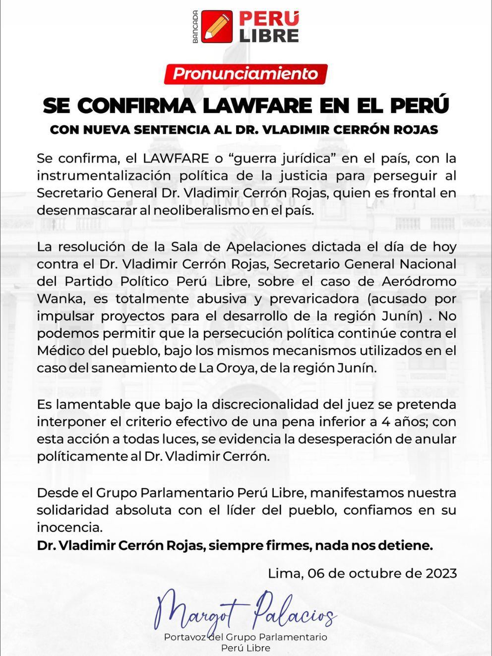 Pronunciamiento sobre condena a Vladimir Cerrón. | Perú Libre