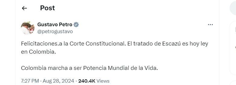 Gustavo Petro  celebra luz verde al Acuerdo de Escazú - crédito @petrogustavo